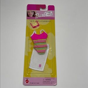 Vintage Barbie Sun & Sea Fashion 68085 stripe  swimsuit and  white towel NWT